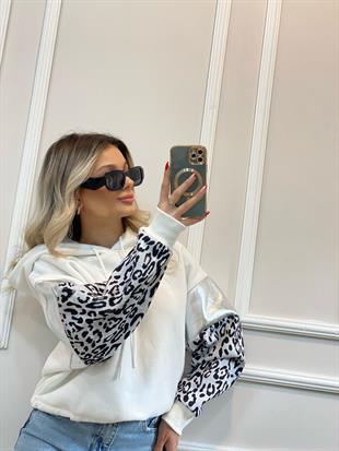 Beyaz Gümüş Baskılı Leo Desenli Şardonlu Sweatshirt 