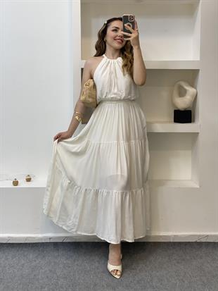 Beyaz Halter Yaka Beli Lastikli Maroken Kumaş Elbise