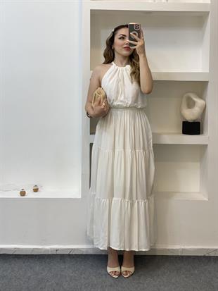 Beyaz Halter Yaka Beli Lastikli Maroken Kumaş Elbise