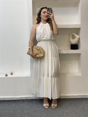 Beyaz Halter Yaka Beli Lastikli Maroken Kumaş Elbise