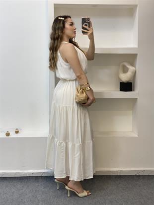 Beyaz Halter Yaka Beli Lastikli Maroken Kumaş Elbise