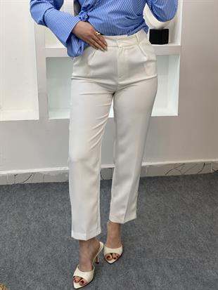 Beyaz Havuç Kesim Kumaş Pantolon