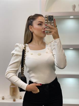 Beyaz İnci Detaylı Triko Bluz