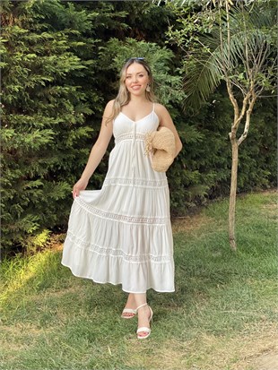 Beyaz İp Askılı Nora Elbise 