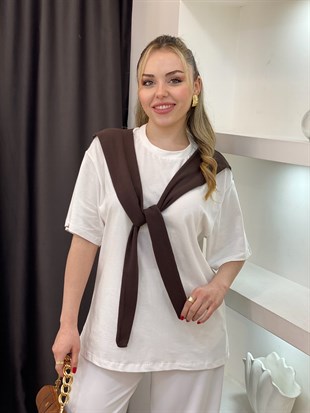 Beyaz Kahve Şal Detaylı Pamuklu Tshirt 