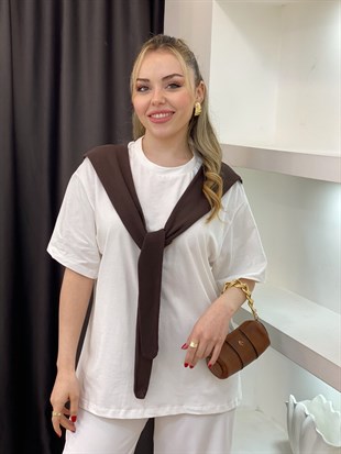 Beyaz Kahve Şal Detaylı Pamuklu Tshirt 