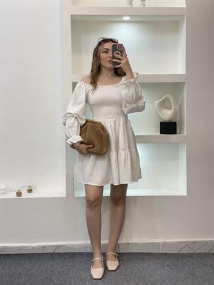 Beyaz Kolları Nakışlı Müslin Elbise