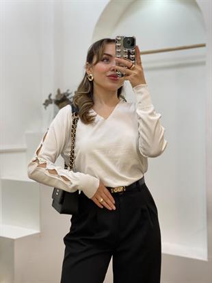 Beyaz Kolları Pencereli Model Triko 