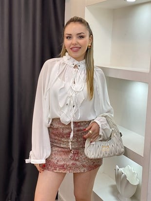 Beyaz Lüx Kalite Yaka Volanlı Bağlamalı Bluz