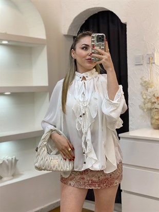 Beyaz Lüx Kalite Yaka Volanlı Bağlamalı Bluz