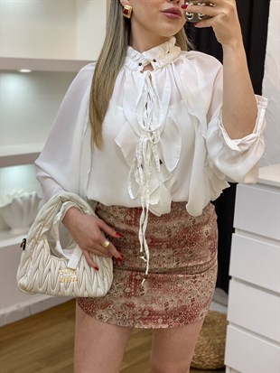 Beyaz Lüx Kalite Yaka Volanlı Bağlamalı Bluz