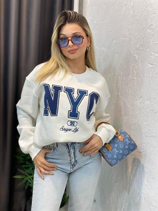 Beyaz Nyc Kabartma Yazılı İçi Şardonlu Sweatshirt 