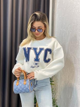 Beyaz Nyc Kabartma Yazılı İçi Şardonlu Sweatshirt 