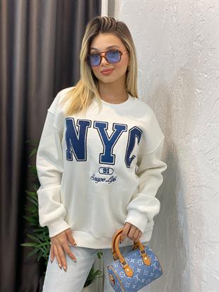 Beyaz Nyc Kabartma Yazılı İçi Şardonlu Sweatshirt 