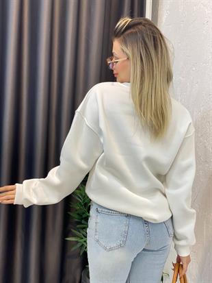 Beyaz Nyc Kabartma Yazılı İçi Şardonlu Sweatshirt 
