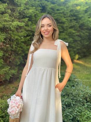 Beyaz Omuz Bağlamalı Model Gipeli Elbise