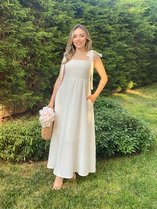 Beyaz Omuz Bağlamalı Model Gipeli Elbise