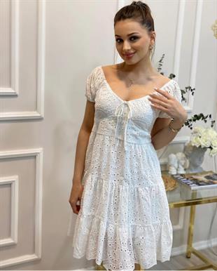 Beyaz Önü Bağcıklı Model Fisto Elbise