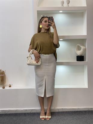 Beyaz Önü Yırtmaçlı Kalem Etek