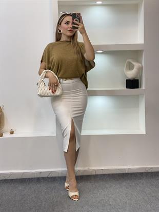 Beyaz Önü Yırtmaçlı Kalem Etek