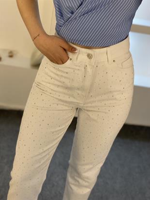 Beyaz Parıltılı Taşlı Boyfit Jean 