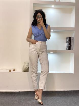 Beyaz Parıltılı Taşlı Boyfit Jean 