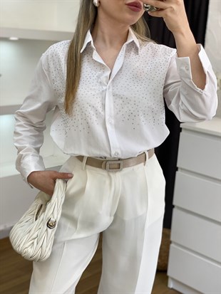 Beyaz Parıltılı Taşlı Gömlek 