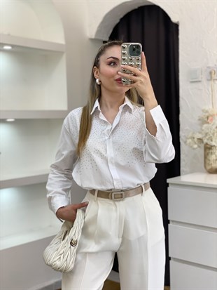 Beyaz Parıltılı Taşlı Gömlek 