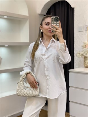 Beyaz Parıltılı Taşlı Gömlek 