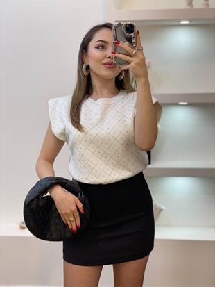 Beyaz Parıltılı Taşlı Triko Bluz