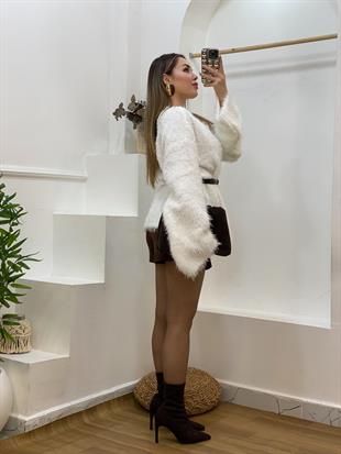 Beyaz Peluş Kürk Dokulu Premium Kazak