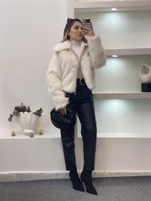 Beyaz Premium Fermuarlı Kürk