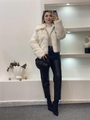 Beyaz Premium Fermuarlı Kürk