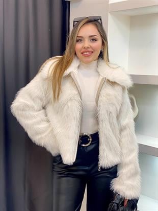 Beyaz Premium Fermuarlı Kürk