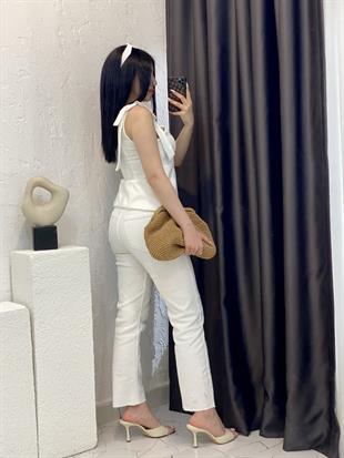 Beyaz Premium Kalite Omuz Fiyonk Detaylı Bluz