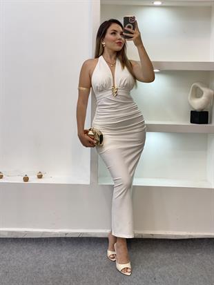 Beyaz Premium Kalite Sırt Dekolteli Elbise