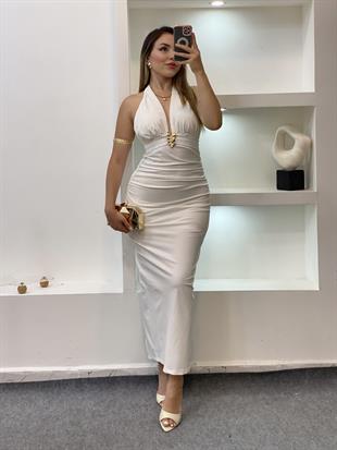 Beyaz Premium Kalite Sırt Dekolteli Elbise