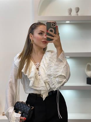 Beyaz Premium Kalite Volanlı Bluz