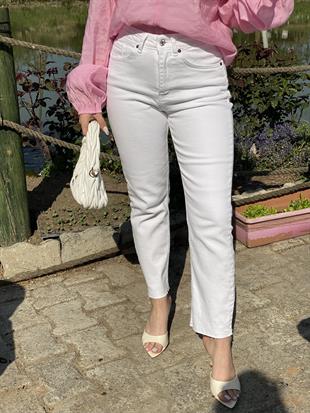 Beyaz Premium Kesik Paça Boyfit Jean 
