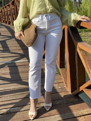 Beyaz Premium Kesik Paça Boyfit Jean 