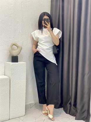 Beyaz Renk Premium Kalite Vatkalı Asimetrik Bluz