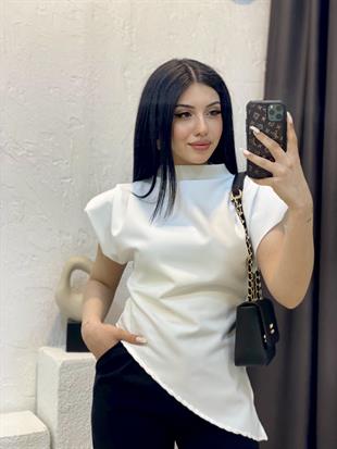 Beyaz Renk Premium Kalite Vatkalı Asimetrik Bluz