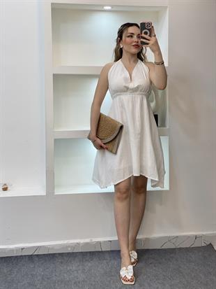 Beyaz Sırt Dekolteli Önü Nakışlı Model Müslin Elbise