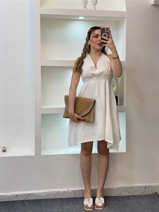 Beyaz Sırt Dekolteli Önü Nakışlı Model Müslin Elbise