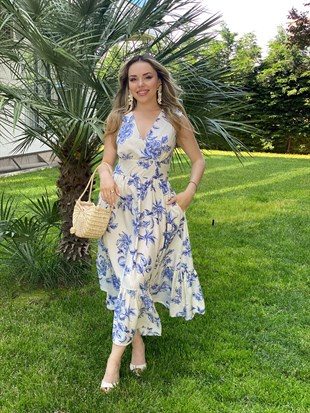 Beyaz Üzerine Mavi Desen Kruvaze Yaka Elbise