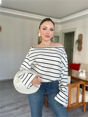 Beyaz Üzerine Siyah Çizgili Düşük Omuz Oversize Modal Bluz