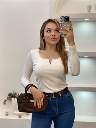 Beyaz V Model Fitilli Basic Bluz