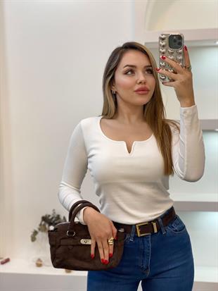 Beyaz V Model Fitilli Basic Bluz