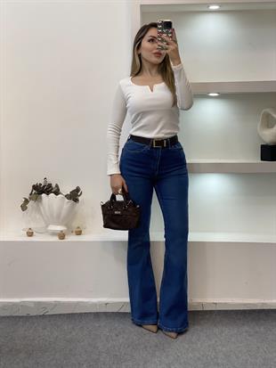 Beyaz V Model Fitilli Basic Bluz