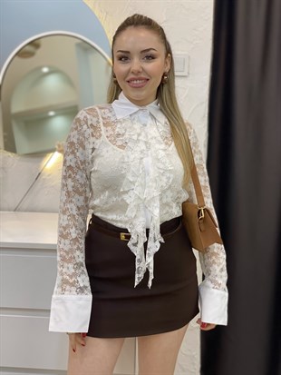 Beyaz Volanlı Premium Kalite Dantel Gömlek 